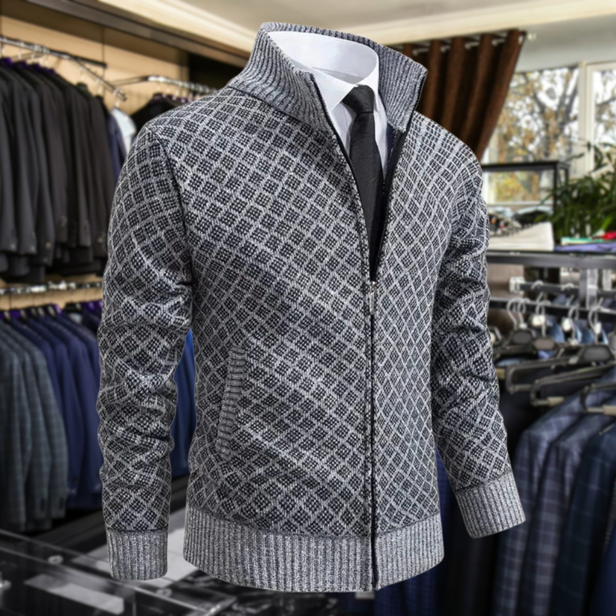 Diamond Pattern Knit Zip-Up Cardigan with Stand Collar for Men