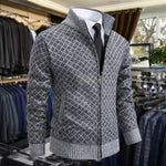Diamond Pattern Knit Zip-Up Cardigan with Stand Collar for Men