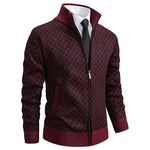 Diamond Pattern Knit Zip-Up Cardigan with Stand Collar for Men