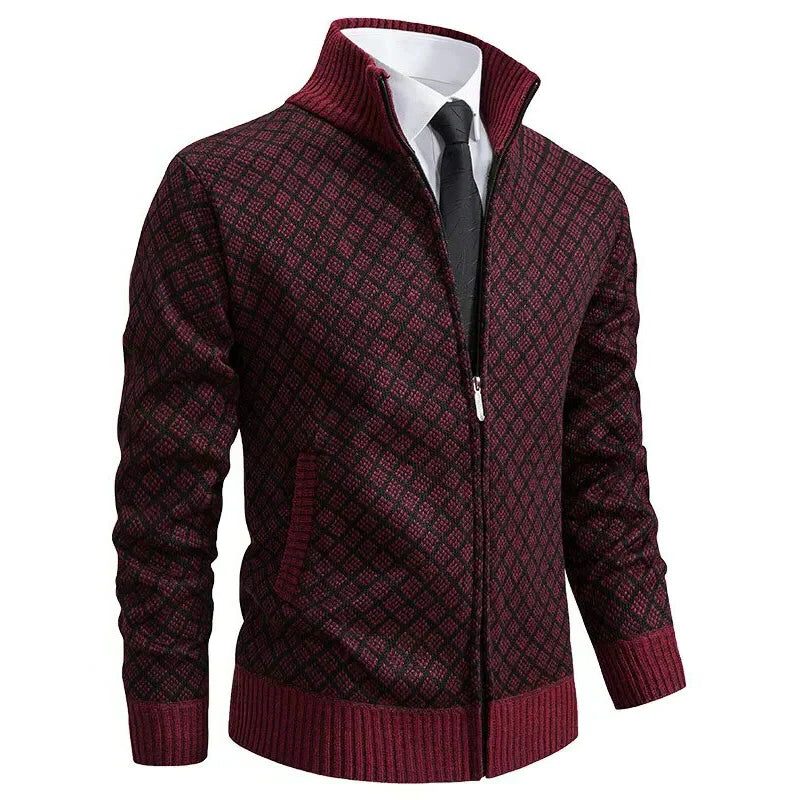 Diamond Pattern Knit Zip-Up Cardigan with Stand Collar for Men