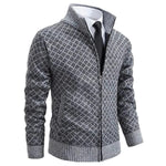 Diamond Pattern Knit Zip-Up Cardigan with Stand Collar for Men