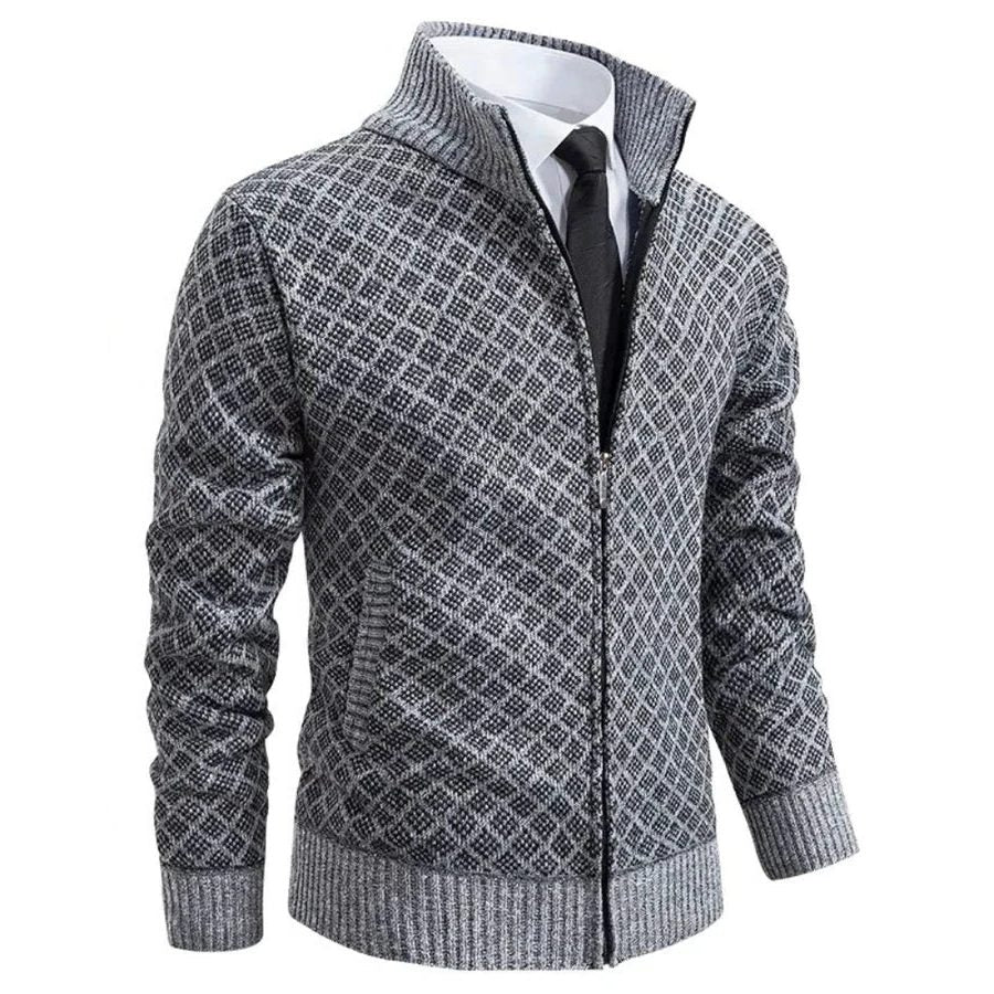 Diamond Pattern Knit Zip-Up Cardigan with Stand Collar for Men