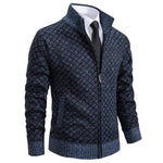 Diamond Pattern Knit Zip-Up Cardigan with Stand Collar for Men