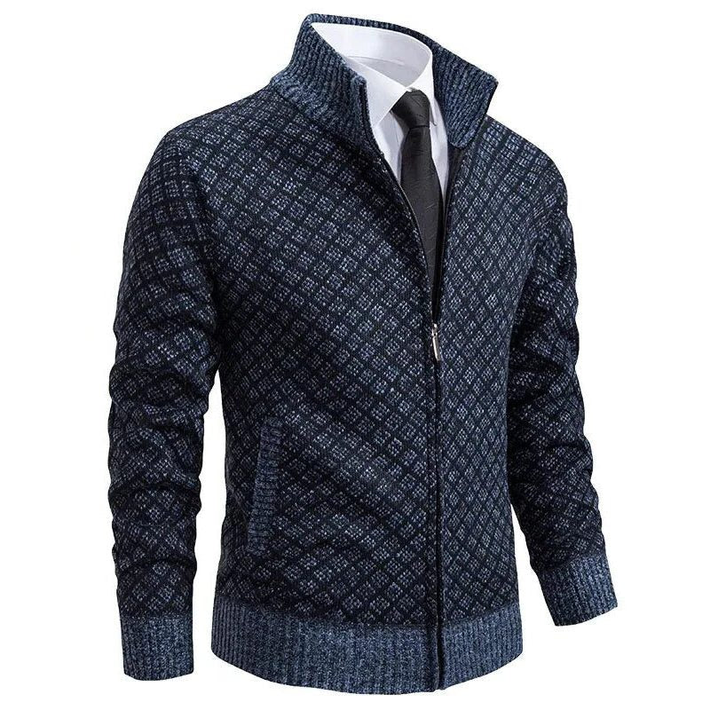 Diamond Pattern Knit Zip-Up Cardigan with Stand Collar for Men