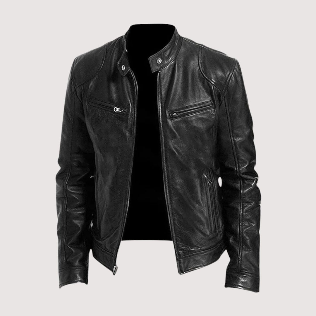 Stand Collar Zip-Up Leather Jacket for Men