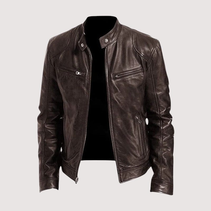 Stand Collar Zip-Up Leather Jacket for Men - Dark Brown