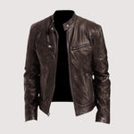 Stand Collar Zip-Up Leather Jacket for Men - Dark Brown