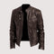 Stand Collar Zip-Up Leather Jacket for Men - Dark Brown