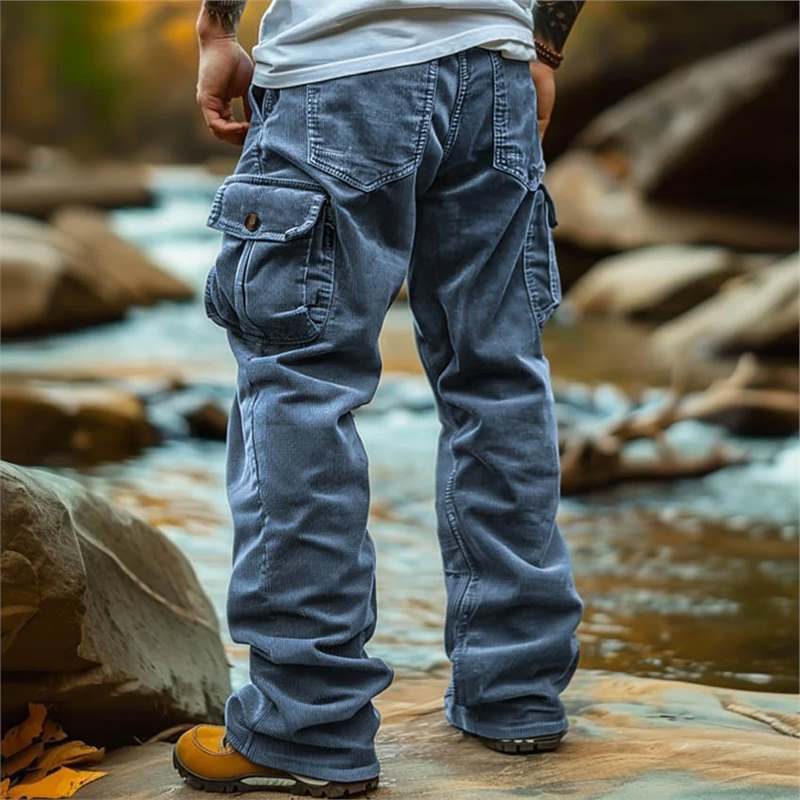 Straight Leg Cargo Jeans with Multiple Pockets for Men - Sky Blue