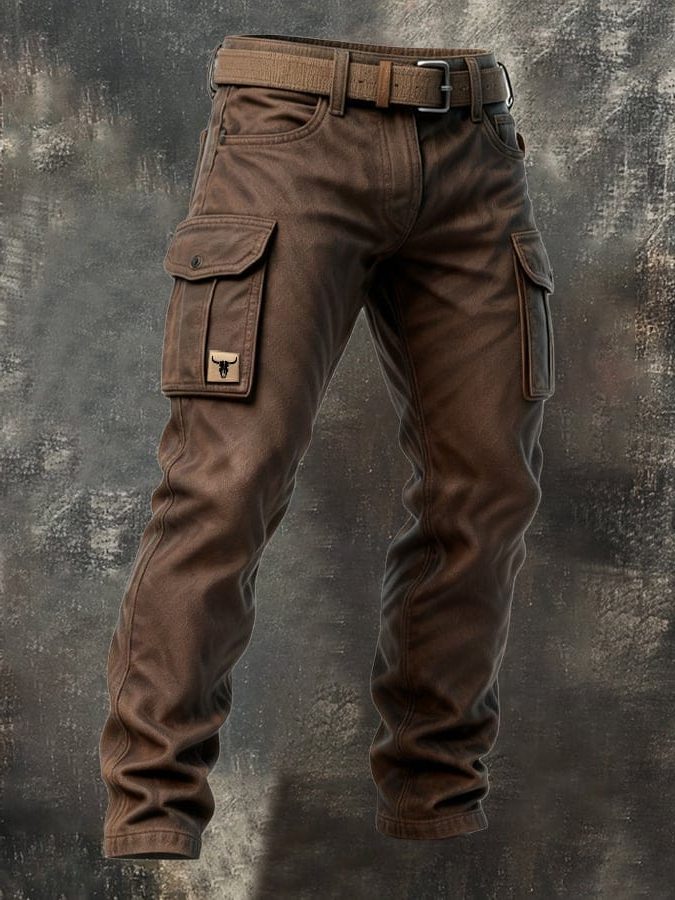 Straight Leg Cargo Trousers with Belted Waist for Men