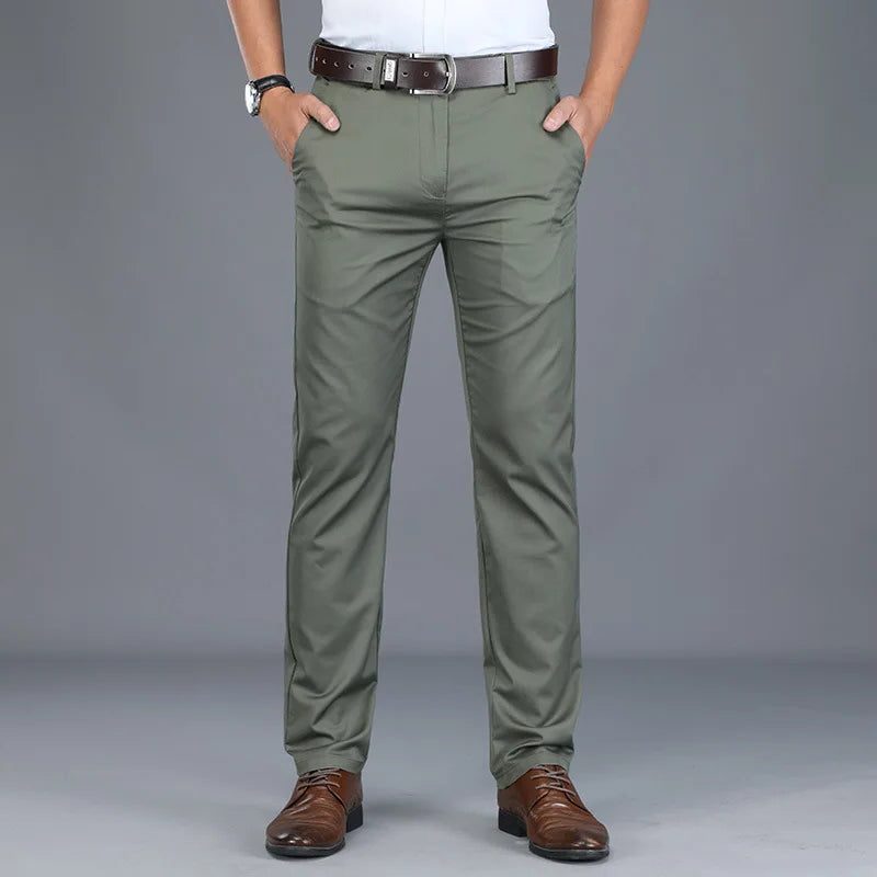 Straight Leg Cotton Blend Trousers Slim Fit for Men - Green