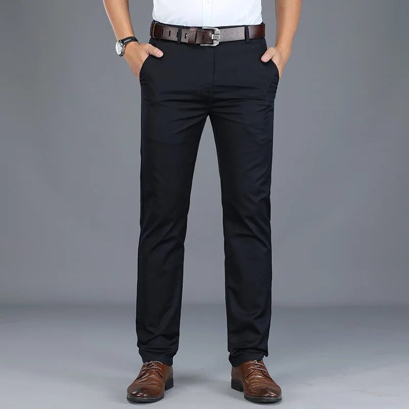 Straight Leg Cotton Blend Trousers Slim Fit for Men - Navy Blue