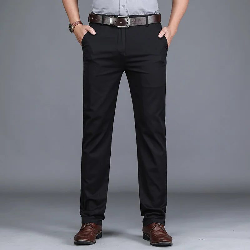 Straight Leg Cotton Blend Trousers Slim Fit for Men - Black