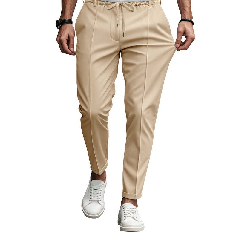 Straight Leg Drawstring Chino Trousers for Men - Khaki