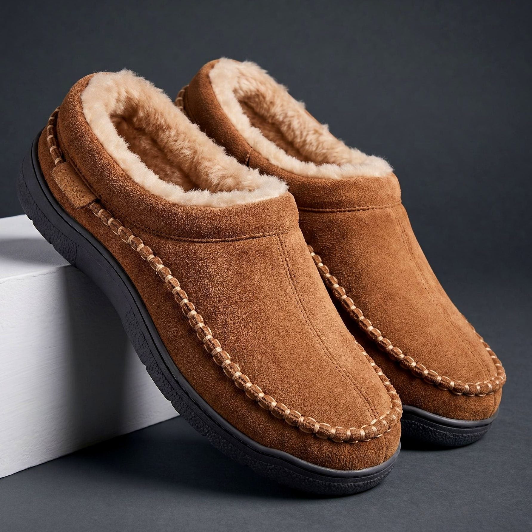 Suede Slip-On Mule Winter Slippers with Faux Fur Lining for Men