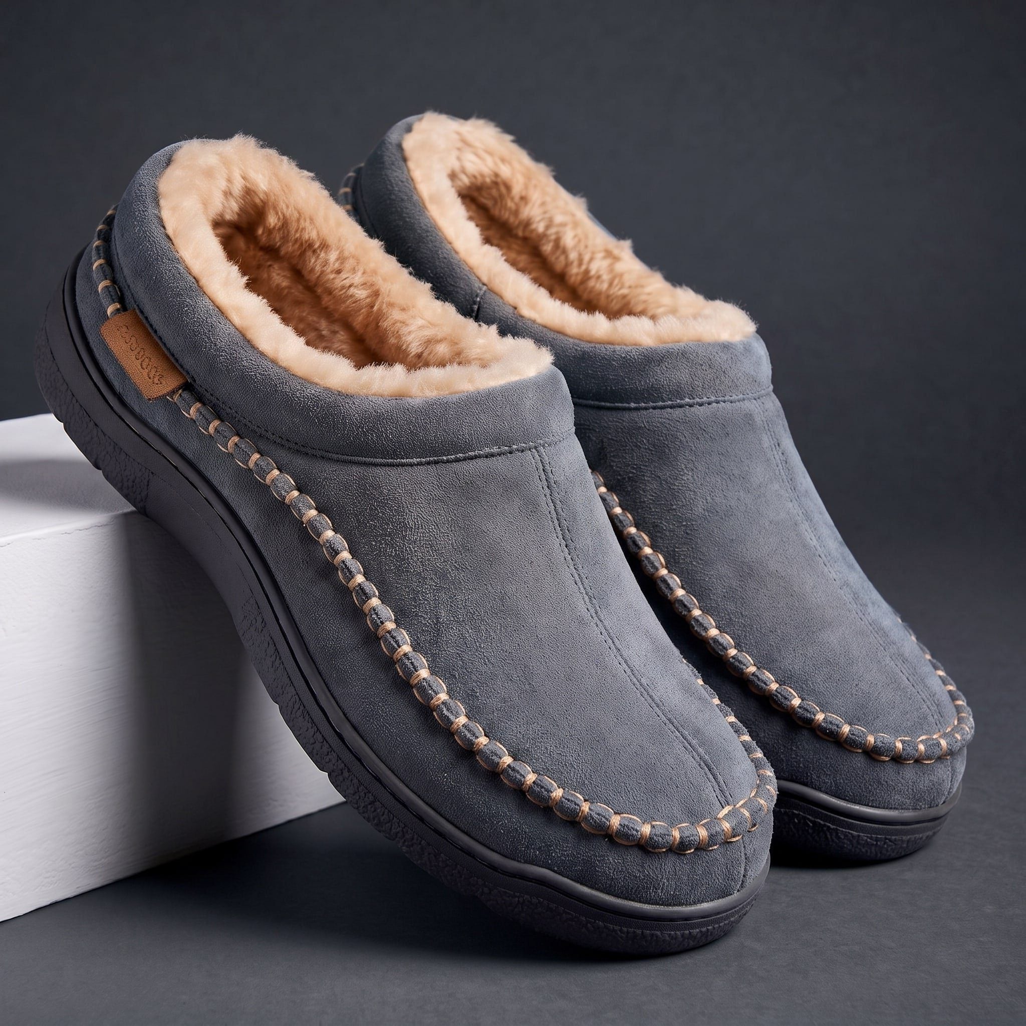 Suede Slip-On Mule Winter Slippers with Faux Fur Lining for Men - Gray
