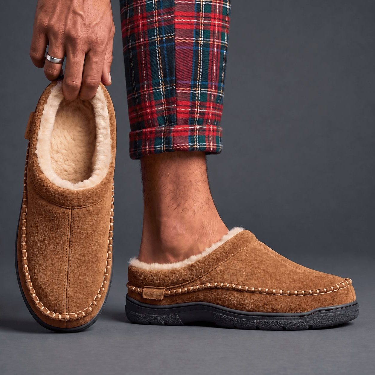 Suede Slip-On Mule Winter Slippers with Faux Fur Lining for Men - View 2