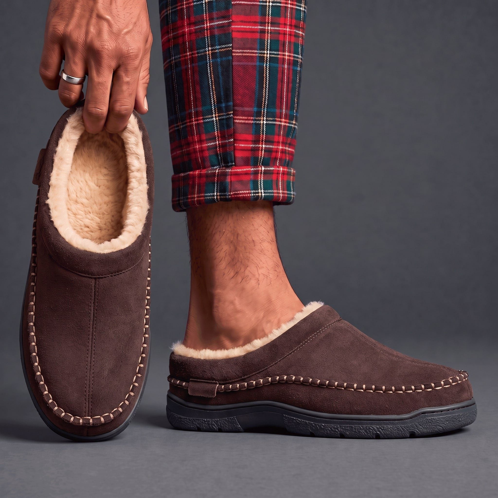 Suede Slip-On Mule Winter Slippers with Faux Fur Lining for Men - View 6
