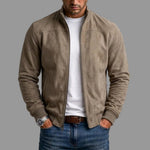 Suede Stand Collar Bomber Jacket with Ribbed Cuffs for Men - Khaki
