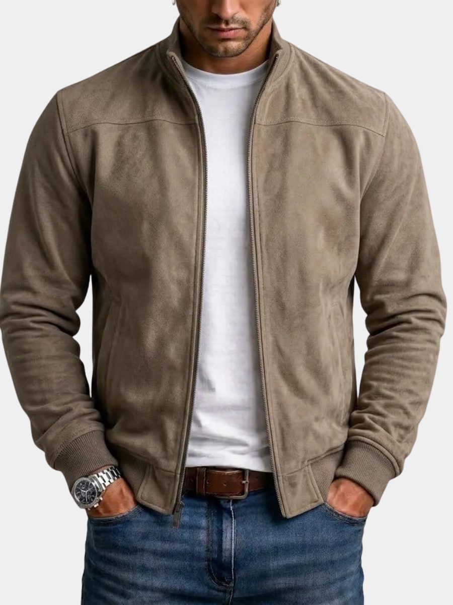 Suede Stand Collar Bomber Jacket with Ribbed Cuffs for Men