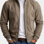 Suede Stand Collar Bomber Jacket with Ribbed Cuffs for Men