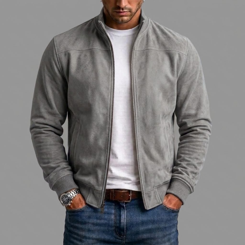 Suede Stand Collar Bomber Jacket with Ribbed Cuffs for Men - Gray