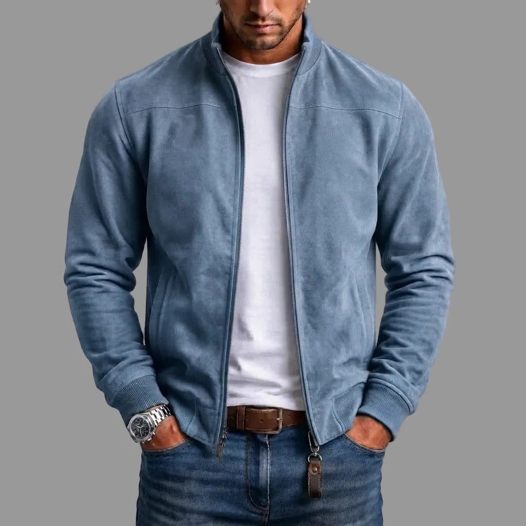 Suede Stand Collar Bomber Jacket with Ribbed Cuffs for Men - Blue