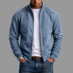 Suede Stand Collar Bomber Jacket with Ribbed Cuffs for Men - Blue