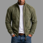 Suede Stand Collar Bomber Jacket with Ribbed Cuffs for Men - Green