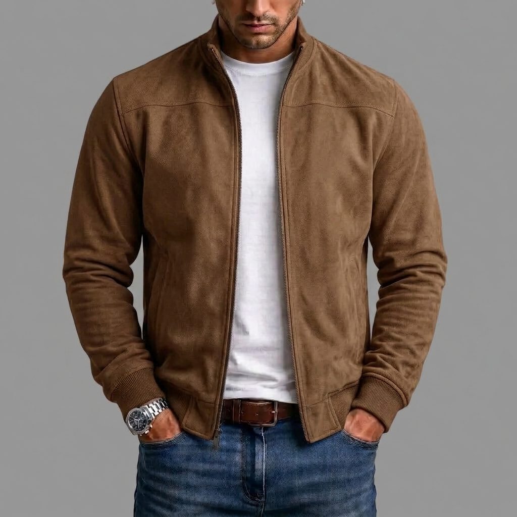 Suede Stand Collar Bomber Jacket with Ribbed Cuffs for Men - Brown
