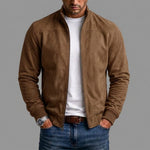 Suede Stand Collar Bomber Jacket with Ribbed Cuffs for Men - Brown