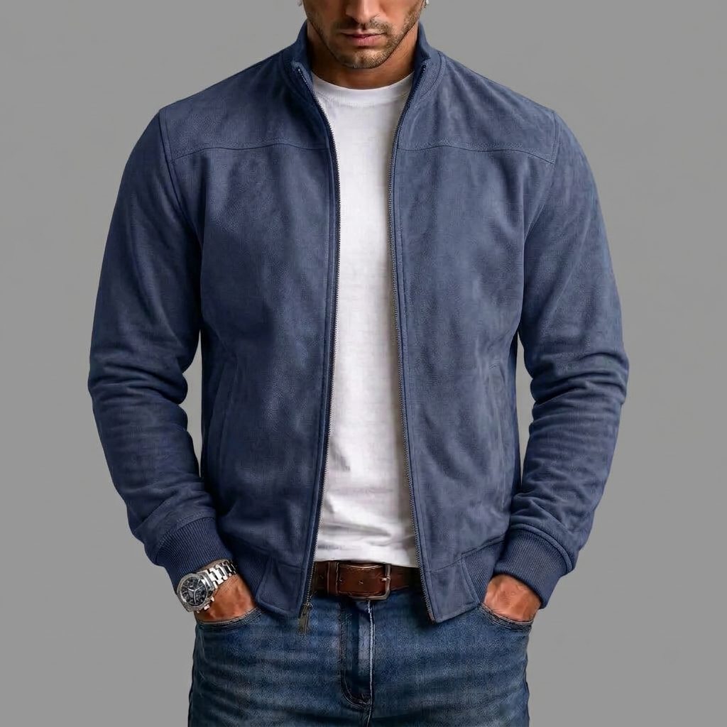 Suede Stand Collar Bomber Jacket with Ribbed Cuffs for Men - Navy Blue
