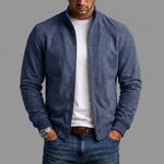 Suede Stand Collar Bomber Jacket with Ribbed Cuffs for Men - Navy Blue