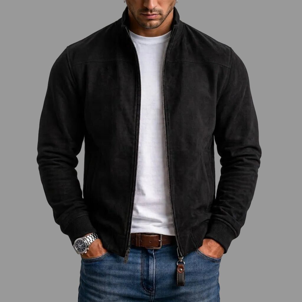 Suede Stand Collar Bomber Jacket with Ribbed Cuffs for Men - Black