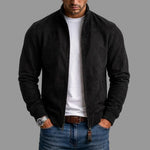 Suede Stand Collar Bomber Jacket with Ribbed Cuffs for Men - Black