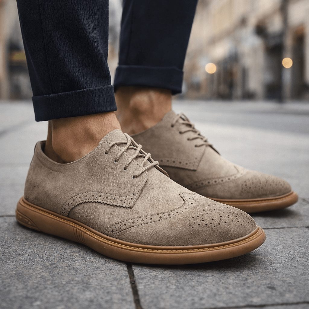 Suede Wingtip Brogue Lace-Up Shoes for Men - Beige