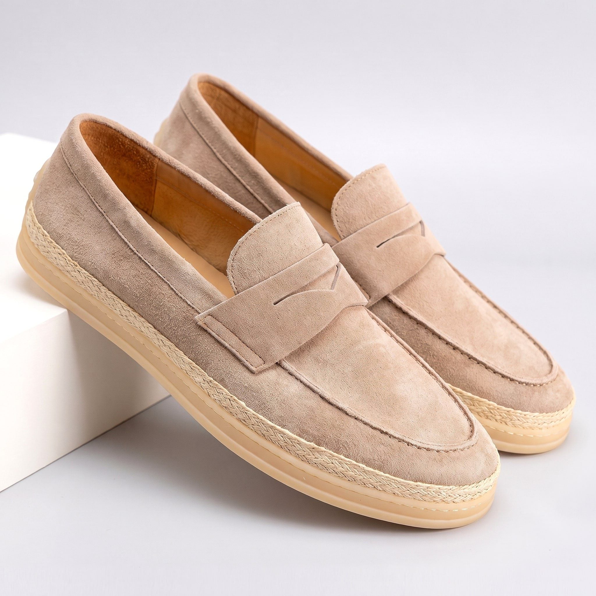 Suede Woven Espadrille Penny Loafers for Men - Beige
