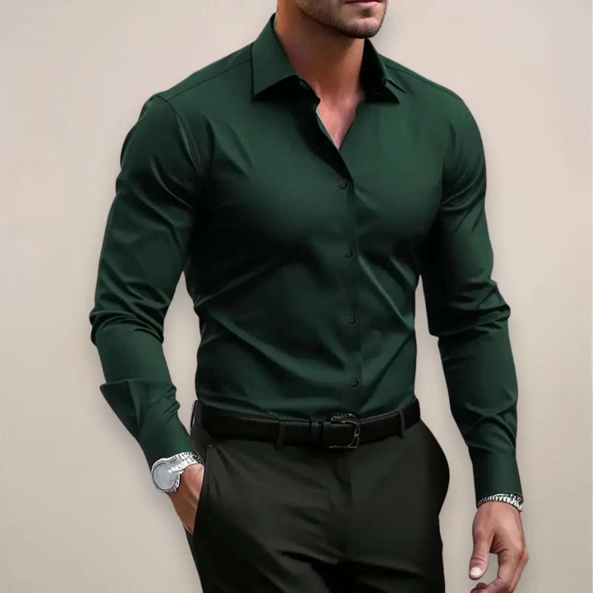 Tailored Long Sleeve Button Up Dress Shirt with Spread Collar for Men - Dark Green
