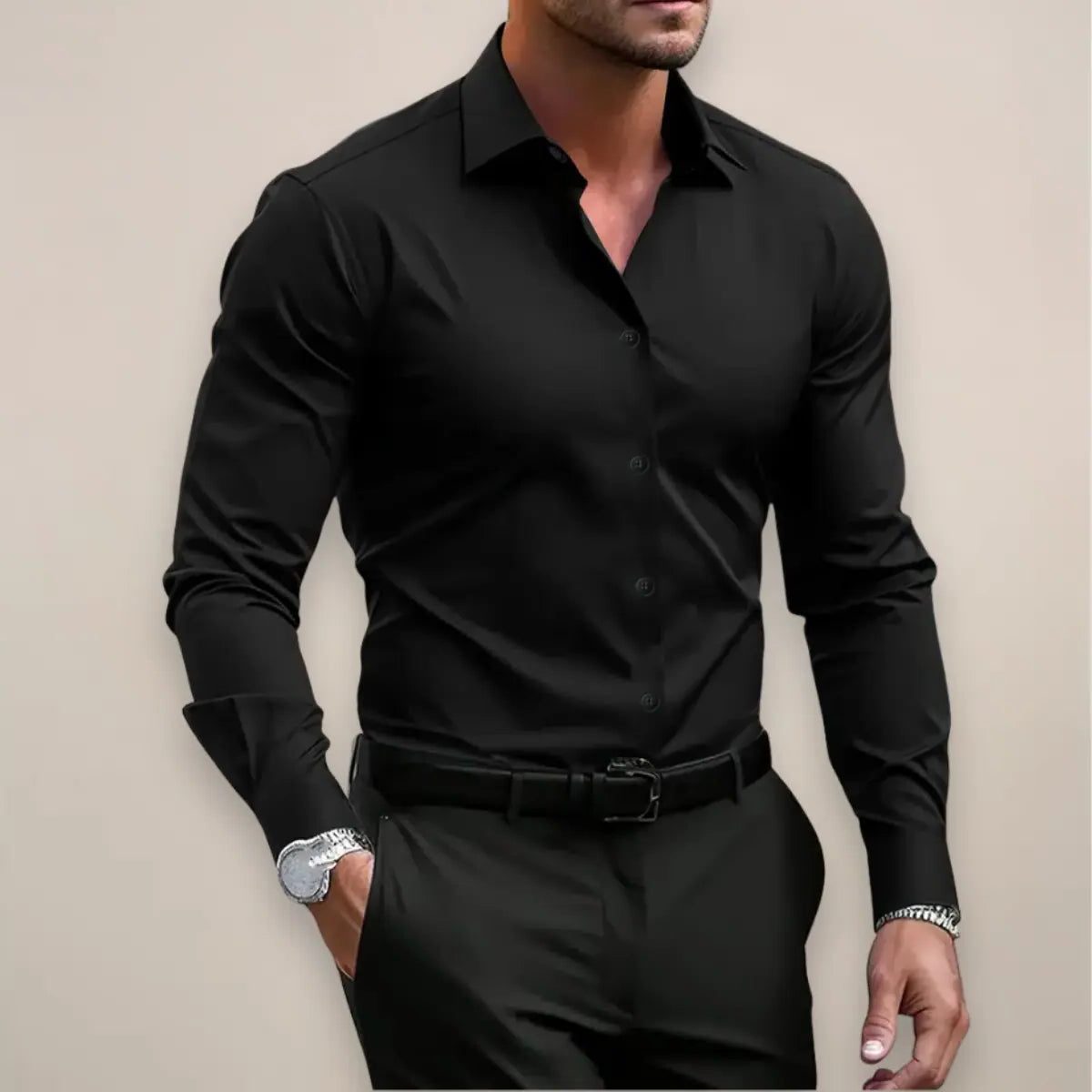 Tailored Long Sleeve Button Up Dress Shirt with Spread Collar for Men - Black