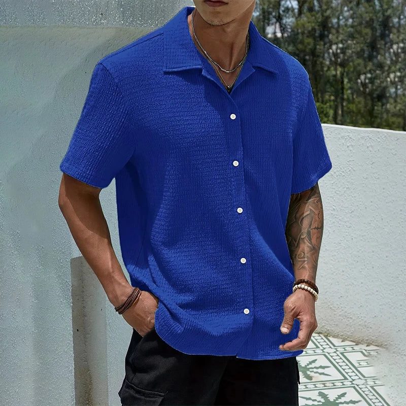 Textured Cuban Collar Short Sleeve Shirt for Men - Blue