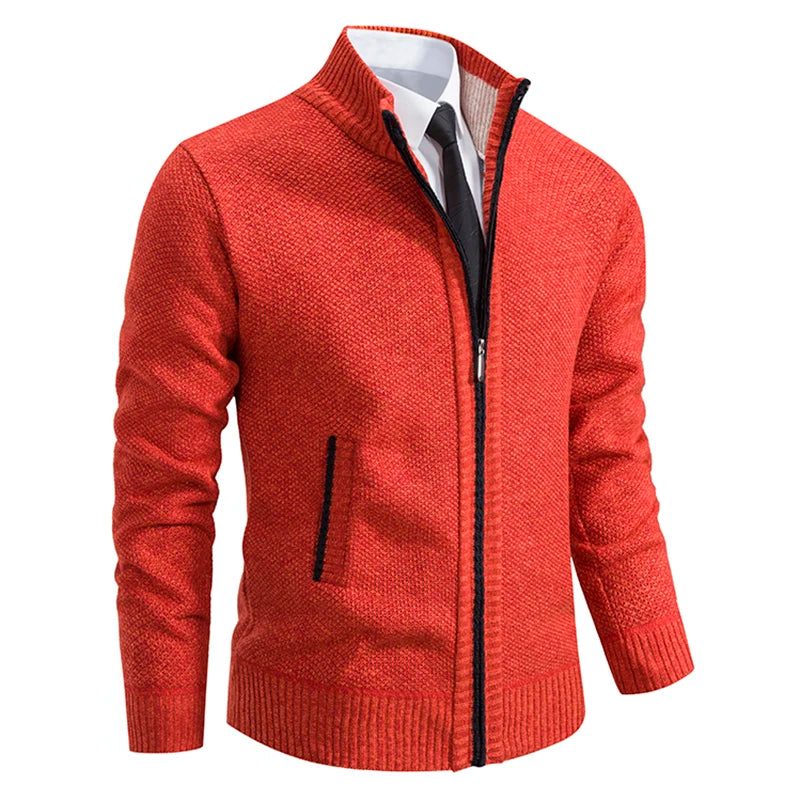 Textured Knit Stand Collar Cardigan Sweater with Zip for Men