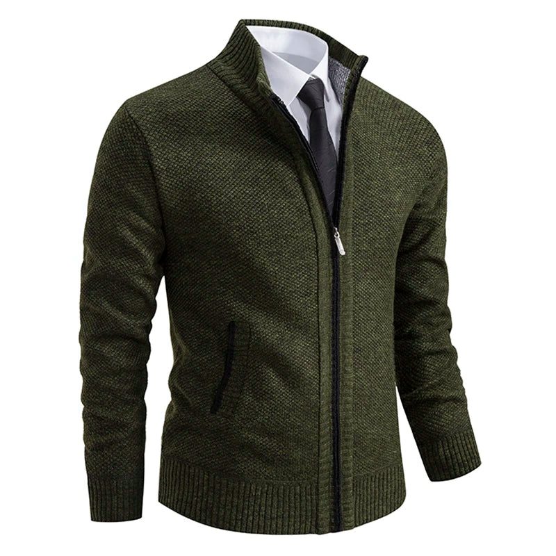 Textured Knit Stand Collar Cardigan Sweater with Zip for Men - Army Green