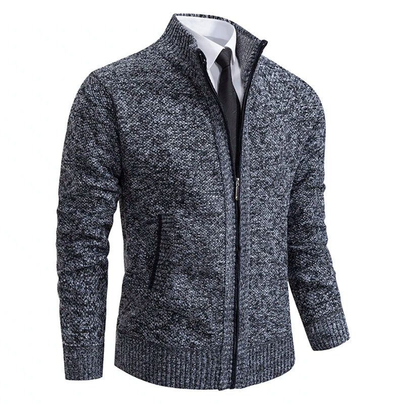 Textured Knit Stand Collar Cardigan Sweater with Zip for Men - Blue Gray