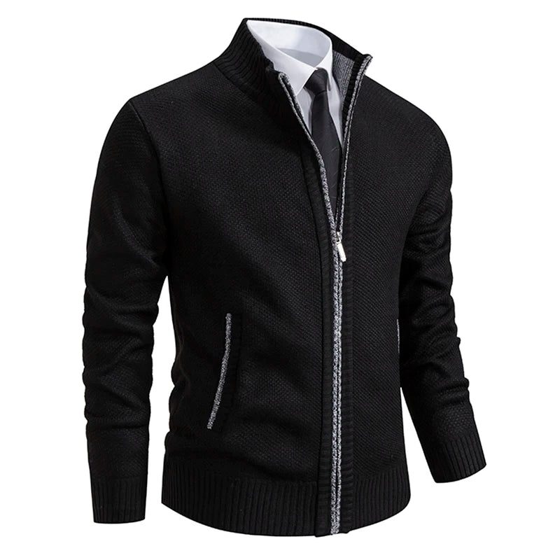 Textured Knit Stand Collar Cardigan Sweater with Zip for Men - Black