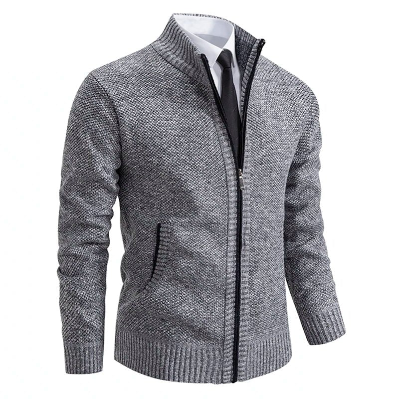 Textured Knit Stand Collar Cardigan Sweater with Zip for Men - Light Gray