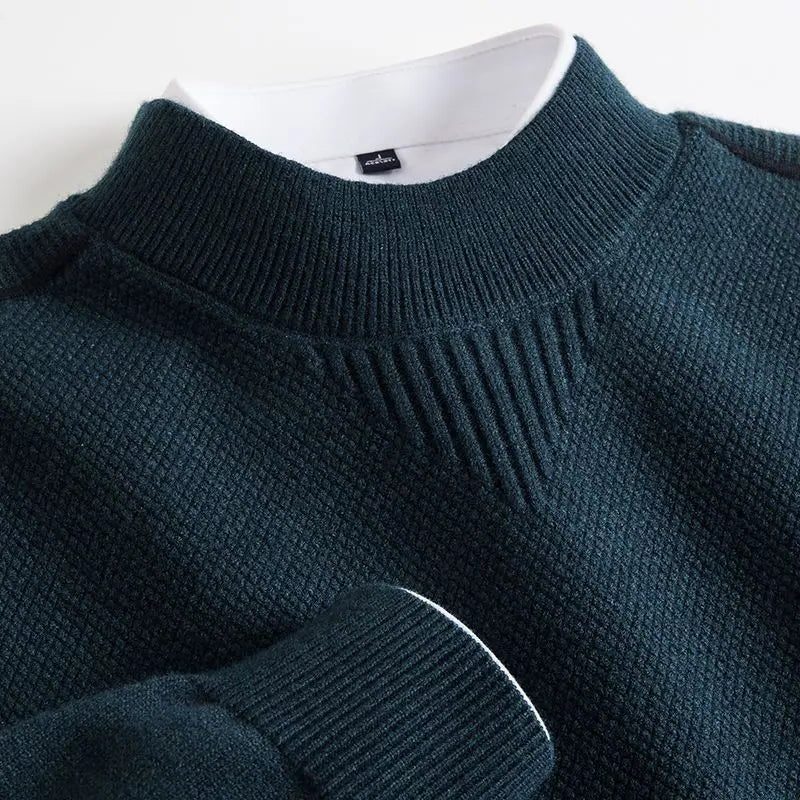 Textured Mock Neck Knit Sweater with Ribbed Cuffs for Men - Blue Green