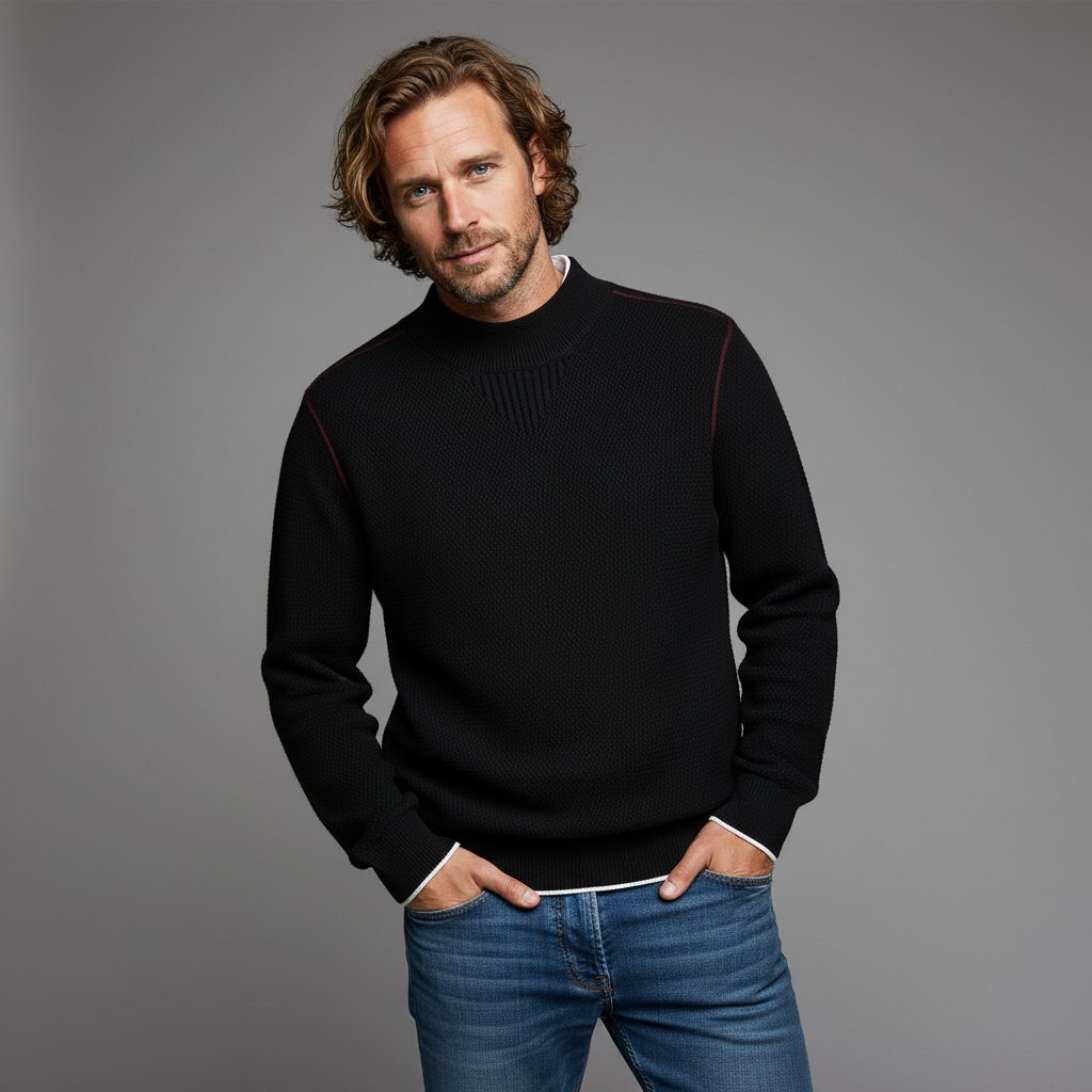 Textured Mock Neck Knit Sweater with Ribbed Cuffs for Men - View 8