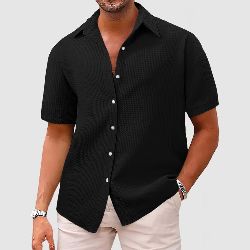 Textured Short Sleeve Button-Down Shirt for Men - Black