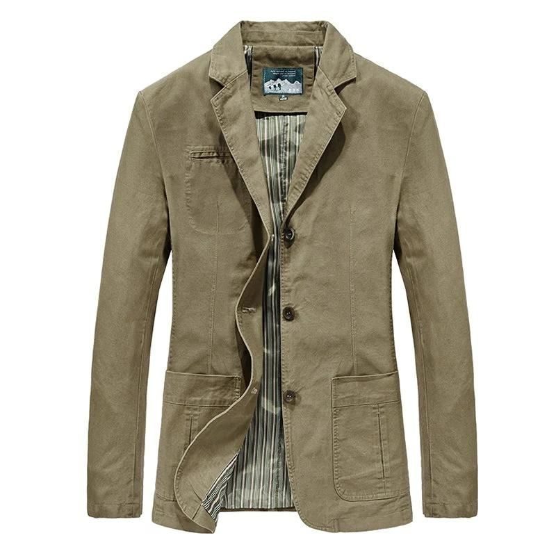 Three-Button Notch Lapel Jacket with Patch Pockets for Men - Khaki