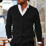 V-Neck Button-Front Ribbed Knit Cardigan Sweater for Men - Black